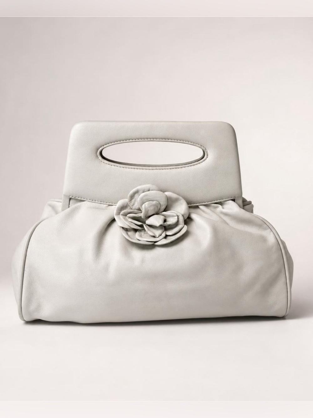 CHANEL lambskin top handle clutch, ivory-grey, leather Camelia accent,11x12, EUC